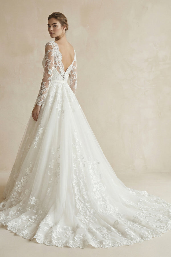 A Line Lace Long Sleeves Wedding Dress With Bow in Ivory - SHE IS ME Wedding Dresses