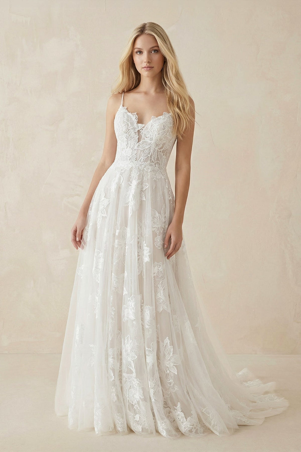 A - Line Lace Spaghetti - Strap Wedding Dress in Ivory - SHE IS ME Wedding Dresses