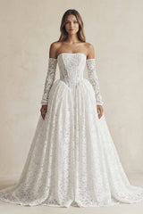 A - Line Lace Strapless Appliqued Wedding Dress in White - KISS BRIDAL Wedding Dresses