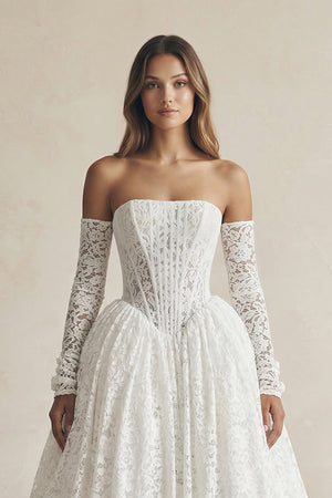 A - Line Lace Strapless Appliqued Wedding Dress in White - SHE IS ME Wedding Dresses