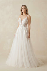 A Line Lace Tulle V - neck Sleeveless Wedding Dress in Ivory - KISS BRIDAL Wedding Dresses