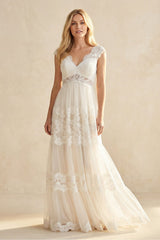 A - Line Lace V - Neck Tulle Wedding Dress in Ivory - KISS BRIDAL Wedding Dresses