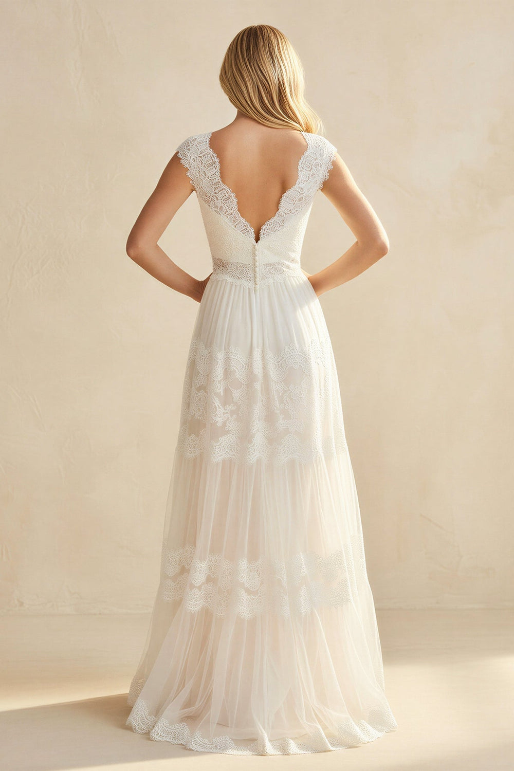 A - Line Lace V - Neck Tulle Wedding Dress in Ivory - KISS BRIDAL Wedding Dresses