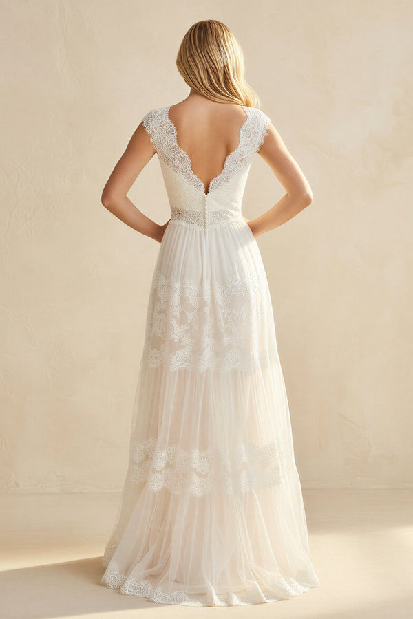 A - Line Lace V - Neck Tulle Wedding Dress in Ivory - SHE IS ME Wedding Dresses