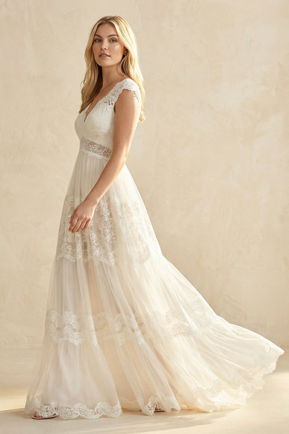A - Line Lace V - Neck Tulle Wedding Dress in Ivory - KISS BRIDAL Wedding Dresses