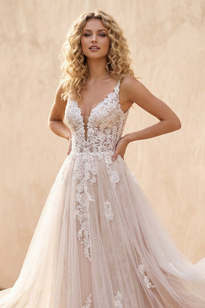 A - Line Lace White Sleeveless Backless Wedding Dress - SHE IS ME Wedding Dresses
