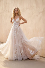 A - Line Lace White Sleeveless Backless Wedding Dress - KISS BRIDAL Wedding Dresses