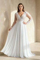 A - Line Long Sleeve Lace Wedding Dress in White - KISS BRIDAL Wedding Dresses