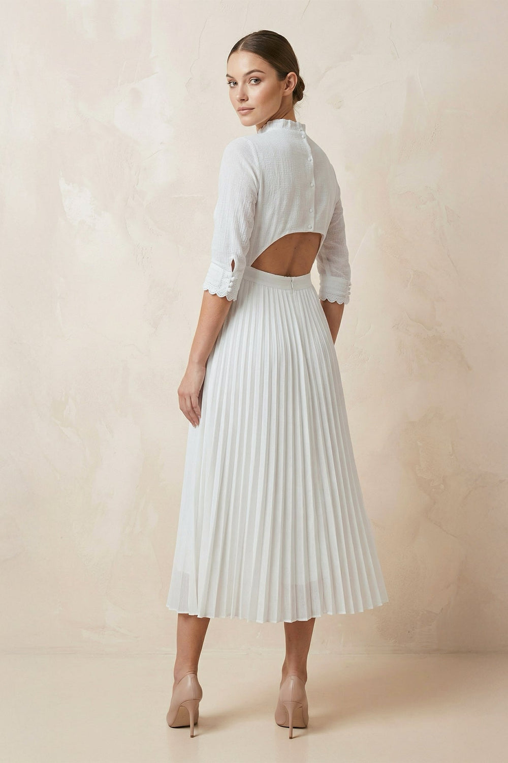 A - Line Long Sleeve Midi Wedding Dress with Pleats in White - SHE IS ME Wedding Dresses