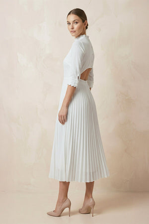 A - Line Long Sleeve Midi Wedding Dress with Pleats in White - SHE IS ME Wedding Dresses