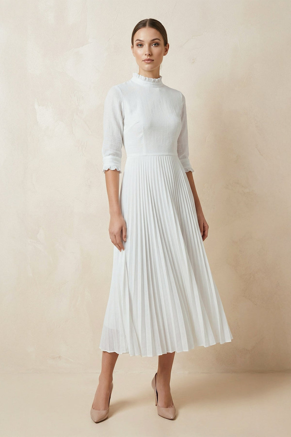 A - Line Long Sleeve Midi Wedding Dress with Pleats in White - SHE IS ME Wedding Dresses