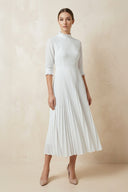 A - Line Long Sleeve Midi Wedding Dress with Pleats in White - SHE IS ME Wedding Dresses