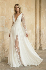 A Line Long Sleeves Chiffon Wedding Dress in Ivory - KISS BRIDAL Wedding Dresses