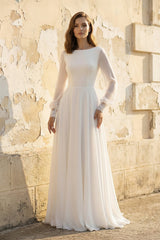 A Line Long Sleeves Chiffon Wedding Dress in White - KISS BRIDAL Wedding Dresses