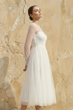 A Line Long Sleeves Chiffon Wedding Dress in White - SHE IS ME Wedding Dresses