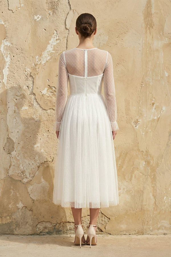 A Line Long Sleeves Chiffon Wedding Dress in White - SHE IS ME Wedding Dresses