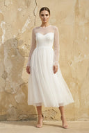 A Line Long Sleeves Chiffon Wedding Dress in White - SHE IS ME Wedding Dresses