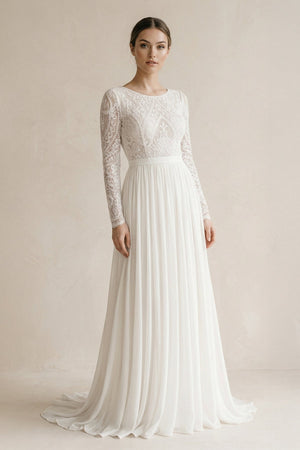 A Line Long Sleeves Chiffon Wedding Dress With Lace in Ivory - SHE IS ME Wedding Dresses