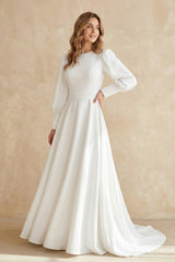 A Line Long Sleeves Satin Wedding Dress in White - KISS BRIDAL Wedding Dresses