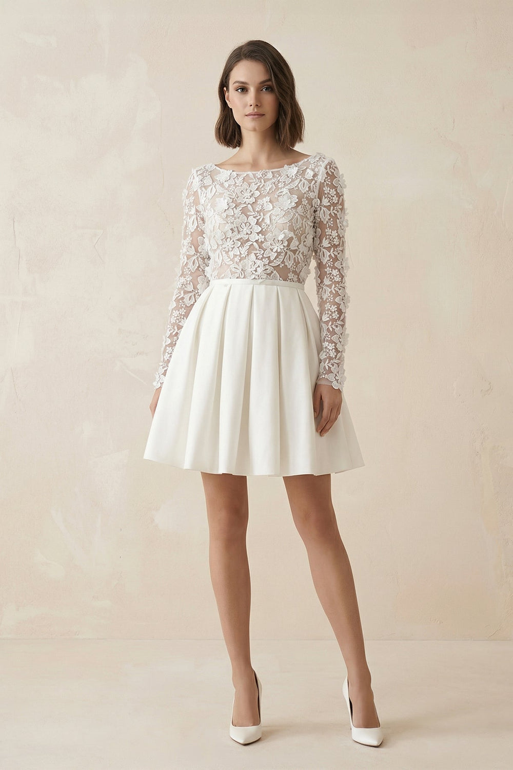 A Line Long Sleeves Satin Wedding Dress With Appliques in Ivory - SHE IS ME Wedding Dresses