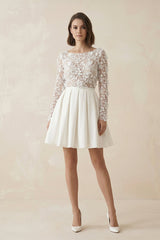 A Line Long Sleeves Satin Wedding Dress With Appliques in Ivory - KISS BRIDAL Wedding Dresses