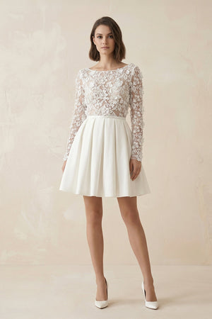 A Line Long Sleeves Satin Wedding Dress With Appliques in Ivory - SHE IS ME Wedding Dresses