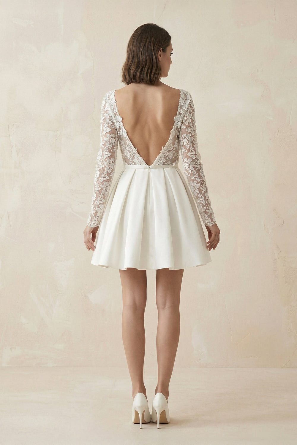 A Line Long Sleeves Satin Wedding Dress With Appliques in Ivory - SHE IS ME Wedding Dresses