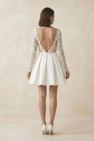 A Line Long Sleeves Satin Wedding Dress With Appliques in Ivory - SHE IS ME Wedding Dresses