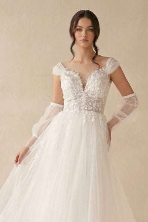 A - Line Long Sleeves Tulle Wedding Dresses With Appliques - SHE IS ME Wedding Dresses