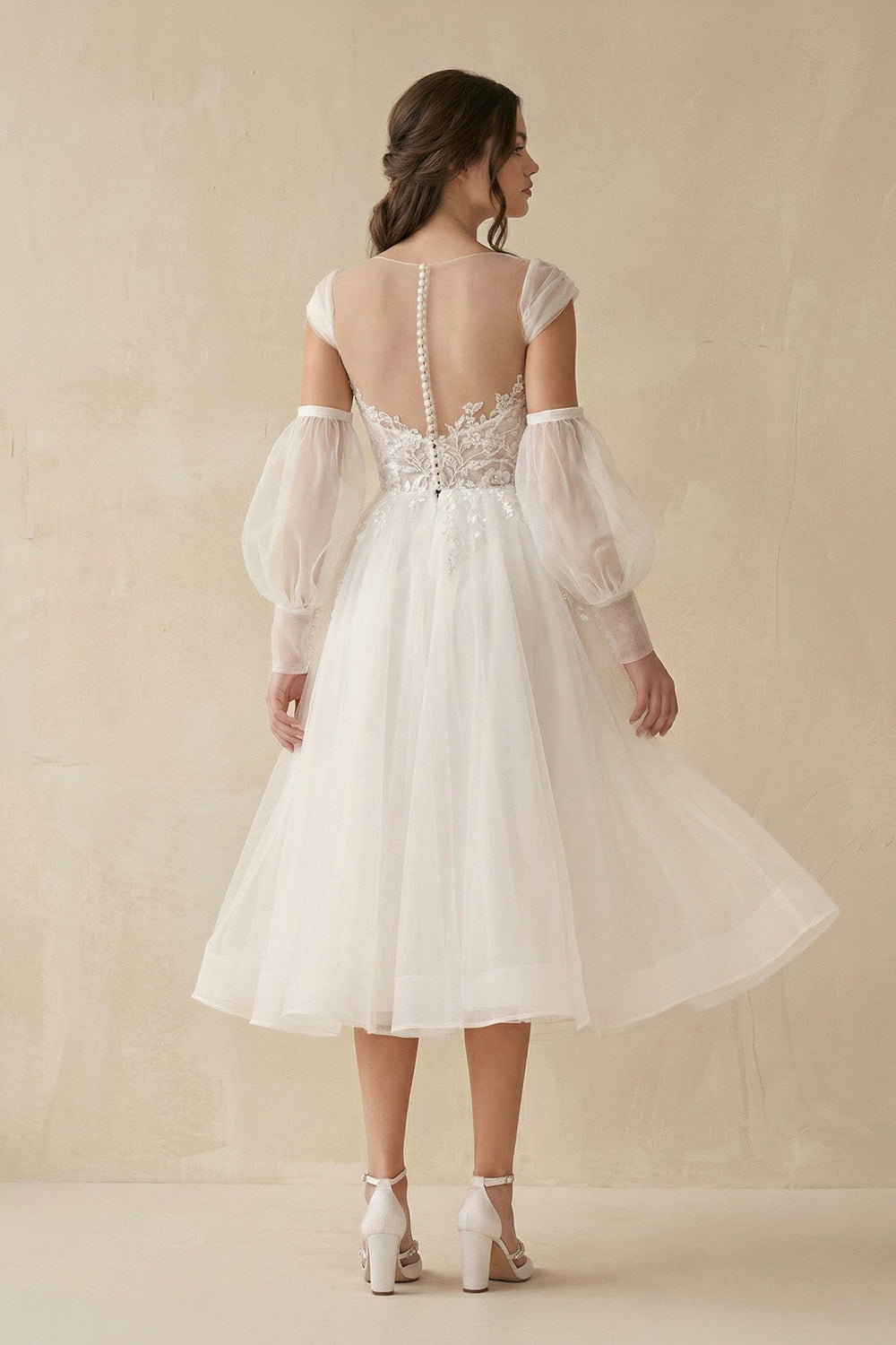 A - Line Long Sleeves Tulle Wedding Dresses With Appliques - SHE IS ME Wedding Dresses
