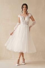 A - Line Long Sleeves Tulle Wedding Dresses With Appliques - KISS BRIDAL Wedding Dresses