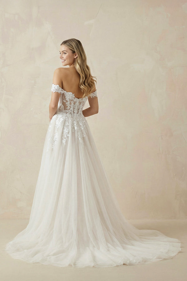 A Line Off - the - Shoulder Appliques Wedding Dress in Diamond White - KISS BRIDAL Wedding Dresses