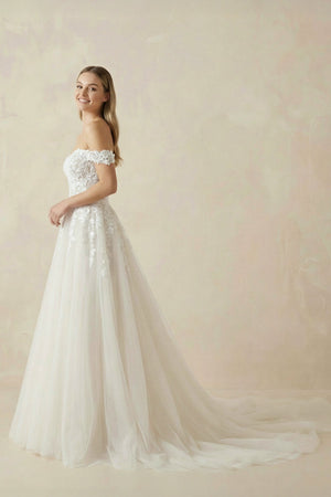 A Line Off - the - Shoulder Appliques Wedding Dress in Ivory - SHE IS ME Wedding Dresses