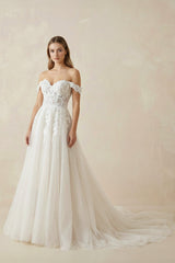 A Line Off - the - Shoulder Appliques Wedding Dress in Ivory - KISS BRIDAL Wedding Dresses