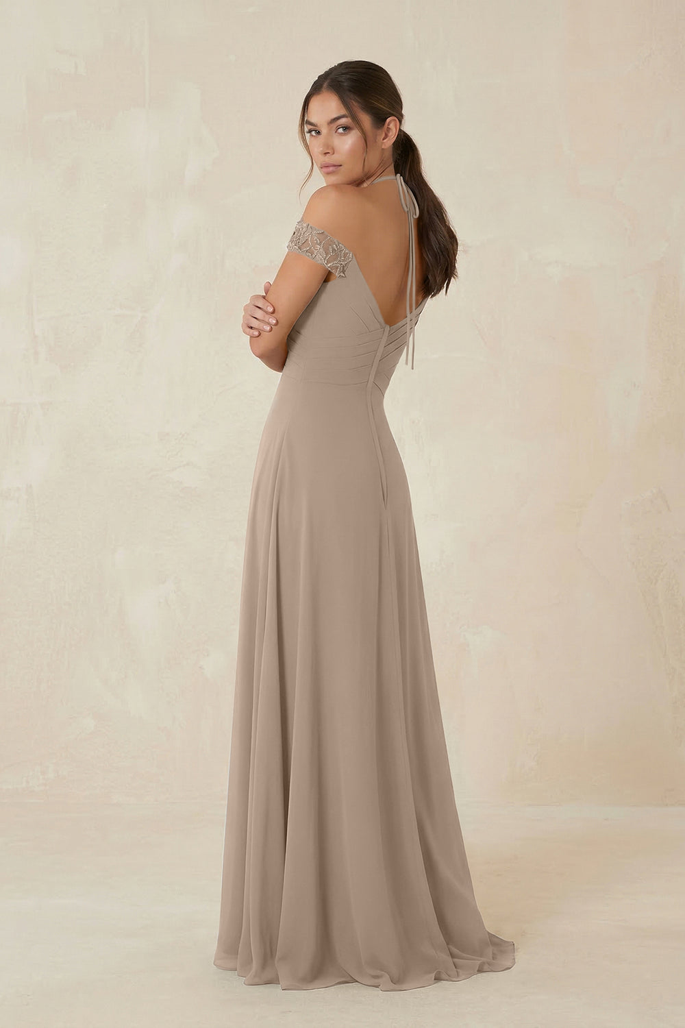 A-Line Off-the-Shoulder Chiffon Bridesmaid Dress in Almond