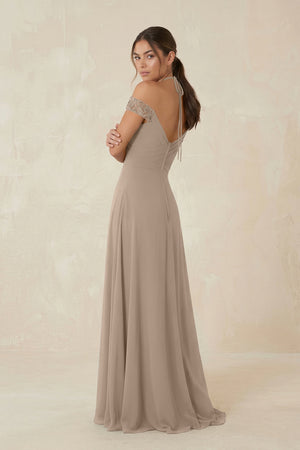 A-Line Off-the-Shoulder Chiffon Bridesmaid Dress in Almond (2) | KISSBRIDAL