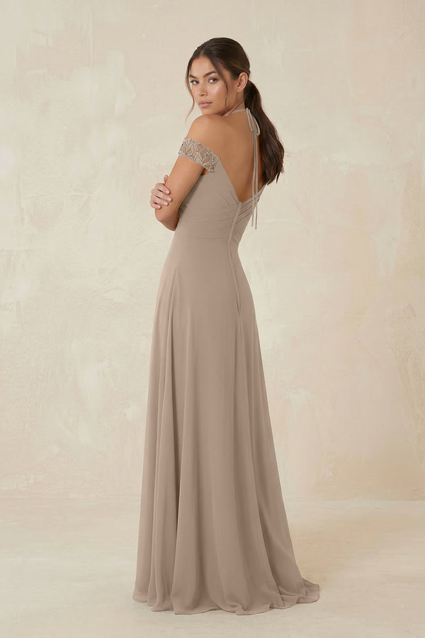 A-Line Off-the-Shoulder Chiffon Bridesmaid Dress in Almond (2) | KISSBRIDAL