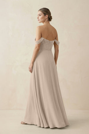 A-Line Off-the-Shoulder Chiffon Bridesmaid Dress in Almond - SHE IS ME BRIDESMAID DRESSES