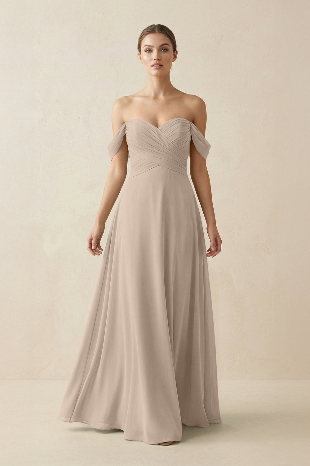 A-Line Off-the-Shoulder Chiffon Bridesmaid Dress in Almond - KISS BRIDAL BRIDESMAID DRESSES