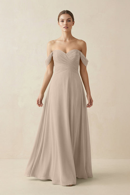 A-Line Off-the-Shoulder Chiffon Bridesmaid Dress in Almond - SHE IS ME BRIDESMAID DRESSES