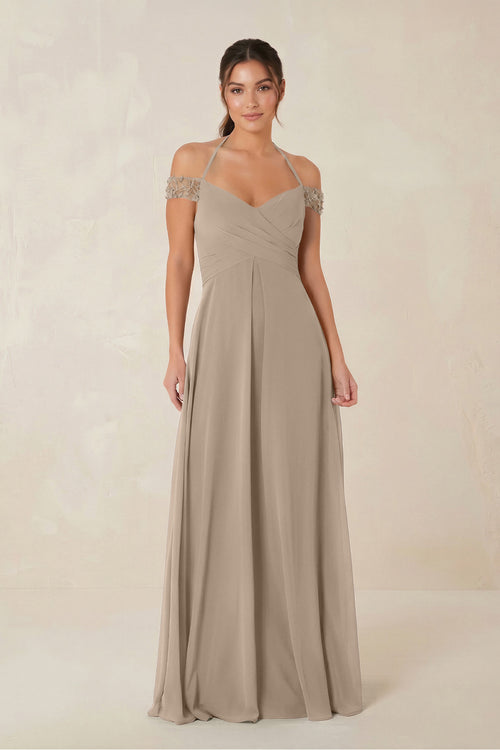 A-Line Off-the-Shoulder Chiffon Bridesmaid Dress in Almond | KISSBRIDAL