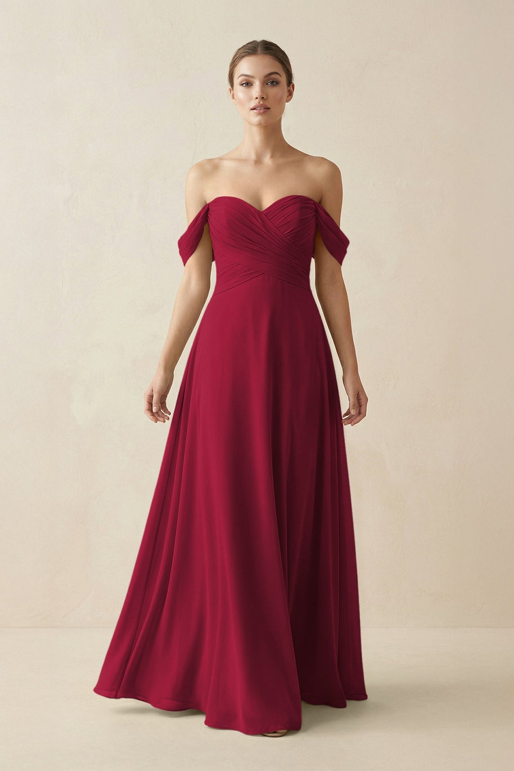 A-Line Off-the-Shoulder Chiffon Bridesmaid Dress in Berry - KISS BRIDAL BRIDESMAID DRESSES