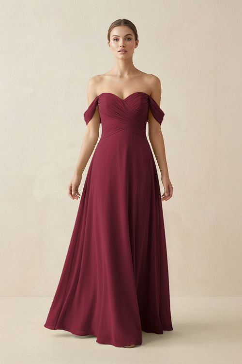 A-Line Off-the-Shoulder Chiffon Bridesmaid Dress in Berry - KISS BRIDAL BRIDESMAID DRESSES