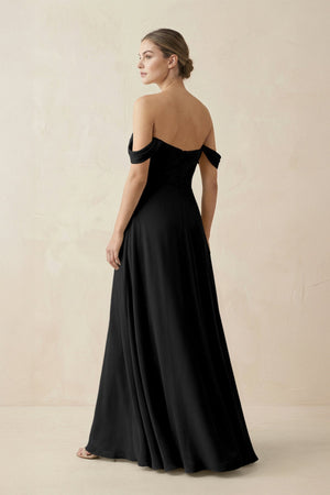 A-Line Off-the-Shoulder Chiffon Bridesmaid Dress in Black - SHE IS ME BRIDESMAID DRESSES