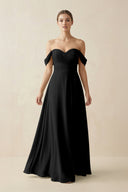A-Line Off-the-Shoulder Chiffon Bridesmaid Dress in Black - SHE IS ME BRIDESMAID DRESSES