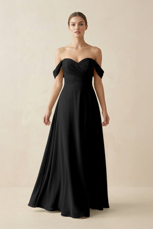 A-Line Off-the-Shoulder Chiffon Bridesmaid Dress in Black - SHE IS ME BRIDESMAID DRESSES