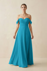 A-Line Off-the-Shoulder Chiffon Bridesmaid Dress in Blue Jay - KISS BRIDAL BRIDESMAID DRESSES