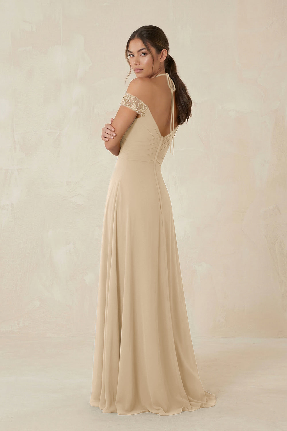 A-Line Off-the-Shoulder Chiffon Bridesmaid Dress in Champagne