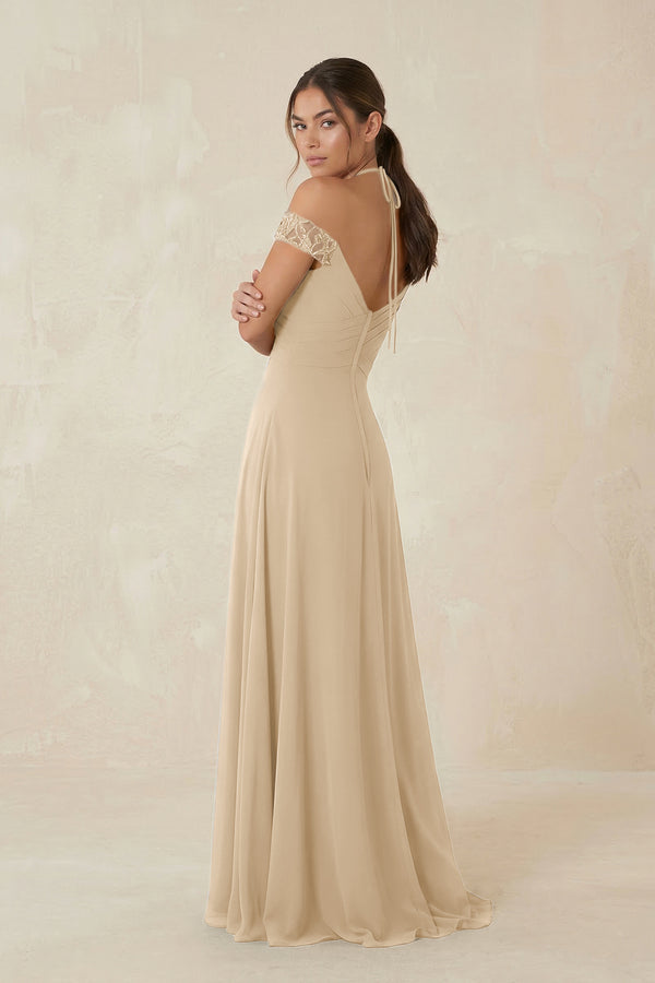 A-Line Off-the-Shoulder Chiffon Bridesmaid Dress in Champagne (2) | KISSBRIDAL
