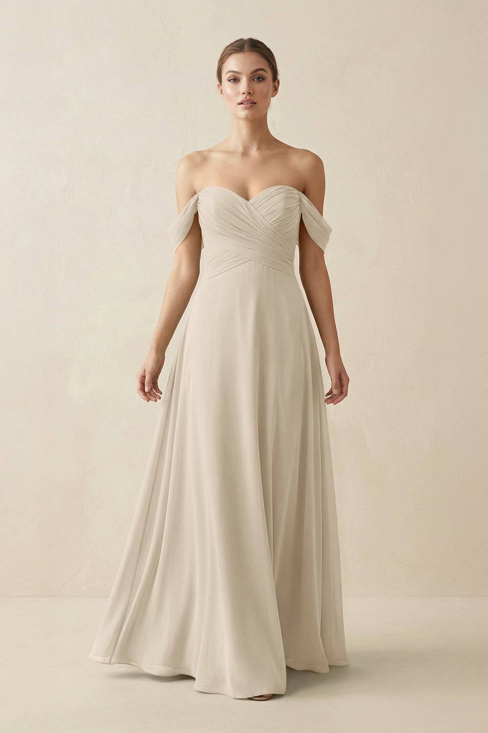 A-Line Off-the-Shoulder Chiffon Bridesmaid Dress in Champagne - KISS BRIDAL BRIDESMAID DRESSES
